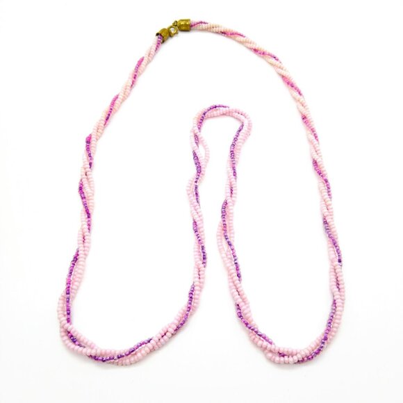 Barbiecore Seed Bead Torsade Necklace, Pink and Purple Pastel Vintage Strands - Picture 2 of 3